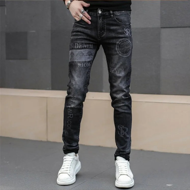 Black Jeans For Men Fashion High Street Slim Printing Denim Man Pants Autumn Stretchy Casual Biker High Quality Men's Clothing