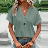 New Fashion Women Blouses Casual Jacquard Button V-Neck Solid Loose Shirts Summer Short Sleeve Oversized Tops Female