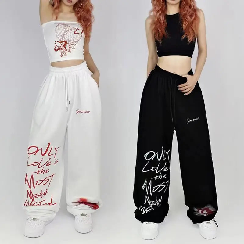 Black White Drawstring Design Sweatpants Women High Street Hip-hop Wide Leg Pants Women New Summer All-match Long Trousers