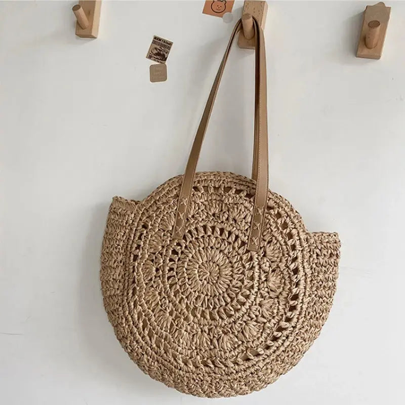 Summer Round Straw Women Vacation Woven Beach Shoulder Bag Large Capacity Hollow Out Simple Tote Bag