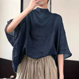 Women Bat Half Sleeve Blouse Summer Asymmetrical Tops Thin Stand Collar Tunic Casual Loose Transparent Tops Oversize