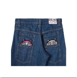 Y2K trendy retro classic pocket skull pattern straight denim trousers summer American Gothic washed wide-leg denim loose pants