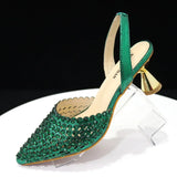 Venus Chan High Heels for Lady Luxury Designer Green Color Full Diamond Pointed Toe Wedding Shoe and Bag Set for Party