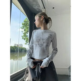 Vintage Women's Clothes Y2K T-shirts Blusas O-neck Long Sleeve Print Tunic Woman Clothing Fashion Casual Crop Tops Shirts