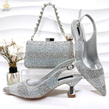 Women Heel Party Ladies Italian Design Green Shoes And Bag Set Decorated with Rhinestone Handbag Wedding Party