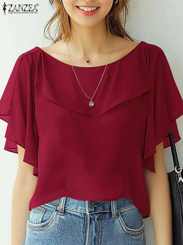 Summer Women Chiffon Blouse Elegant Ruffle Short Sleeve Tops Shirt Korean Fashion Casual Tunic Chic Ruffle Hem Blusa