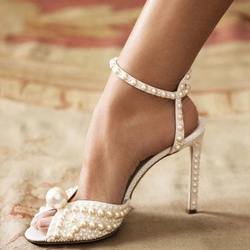 Maogu Women Sandals Fashion High Quality Wedding Shoes Women New Pearls Studs Luxury Peep Toe High Heels Buckle Woman Sandal