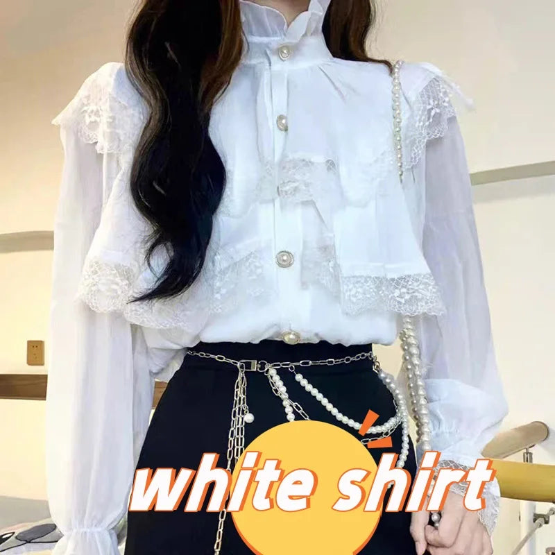 Vintage French Women Shirts Lace Lolita Elegant Long Sleeve Flounce Blouse High Quality Office Lady New Fashion Chic Female Tops