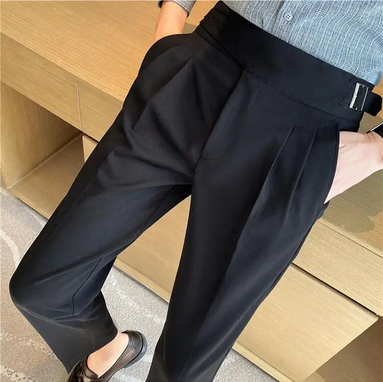 British Style Men High Waist Casual Dress Pant Men Belt Design Slim Trousers Formal Office Social Wedding Party Dress Suit Pants