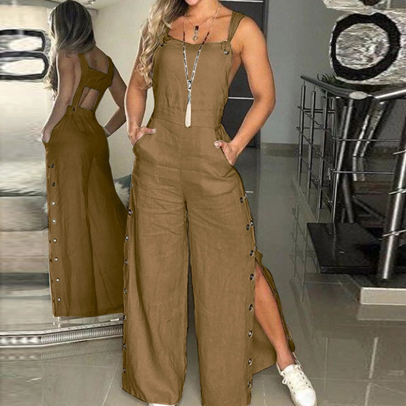 Sports Jumpsuit Woman Gym Women's Summer Sleeveless Twisted Knot Cotton Strappy Pants Button Openings Loose Long Pants