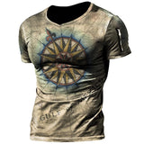 Vintage Men's T-shirt Summer American Shirt Tops Compass Printed Short-sleeve Tees Loose Daily Men Clothing Casual Streetwear