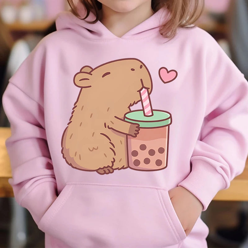 Cute Capybara Loves Bubble Tea kids hoodie pink plus velvet sweater autumn and winter tops for girls