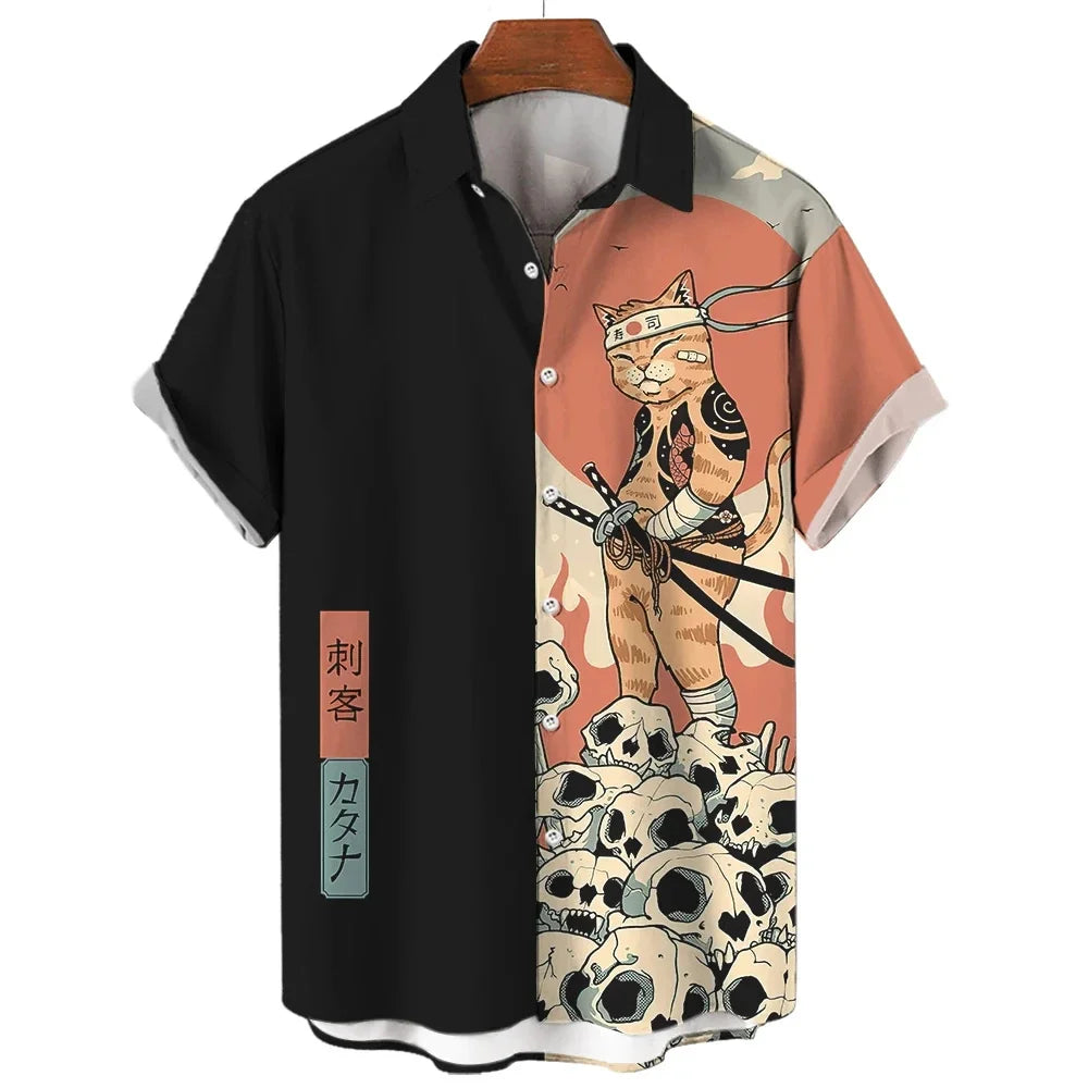 Fashion Men's Clothing Cool Samurai Cat Tops Summer New Men's Clothing Casual Short-Sleeved Anime Loose Blouse Hawaiian Shirts