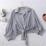 Casual Loose Hollow White Clothes Elegant Solid Color Tied Waist Blouse Women Summer Bat Half Sleeve Button Chiffon Shirt