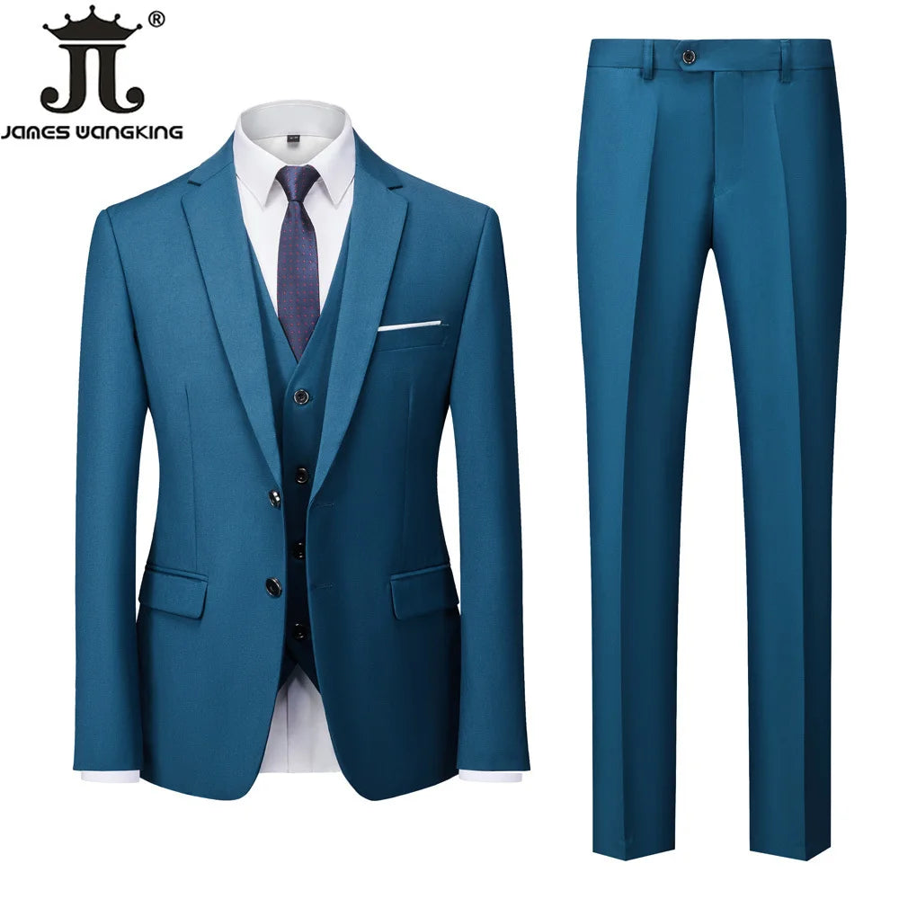 ( Jacket + Vest + Pants ) Boutique Solid Color Men's Official Business Suit Bride's Wedding Dress Party Male Suit