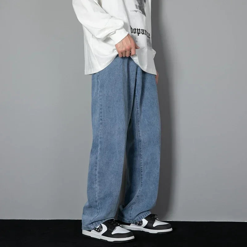 New Men's Fashion Jeans Korean Style Solid Color Loose Straight Wide Leg Casual Denim Long Pants Classic Style Male