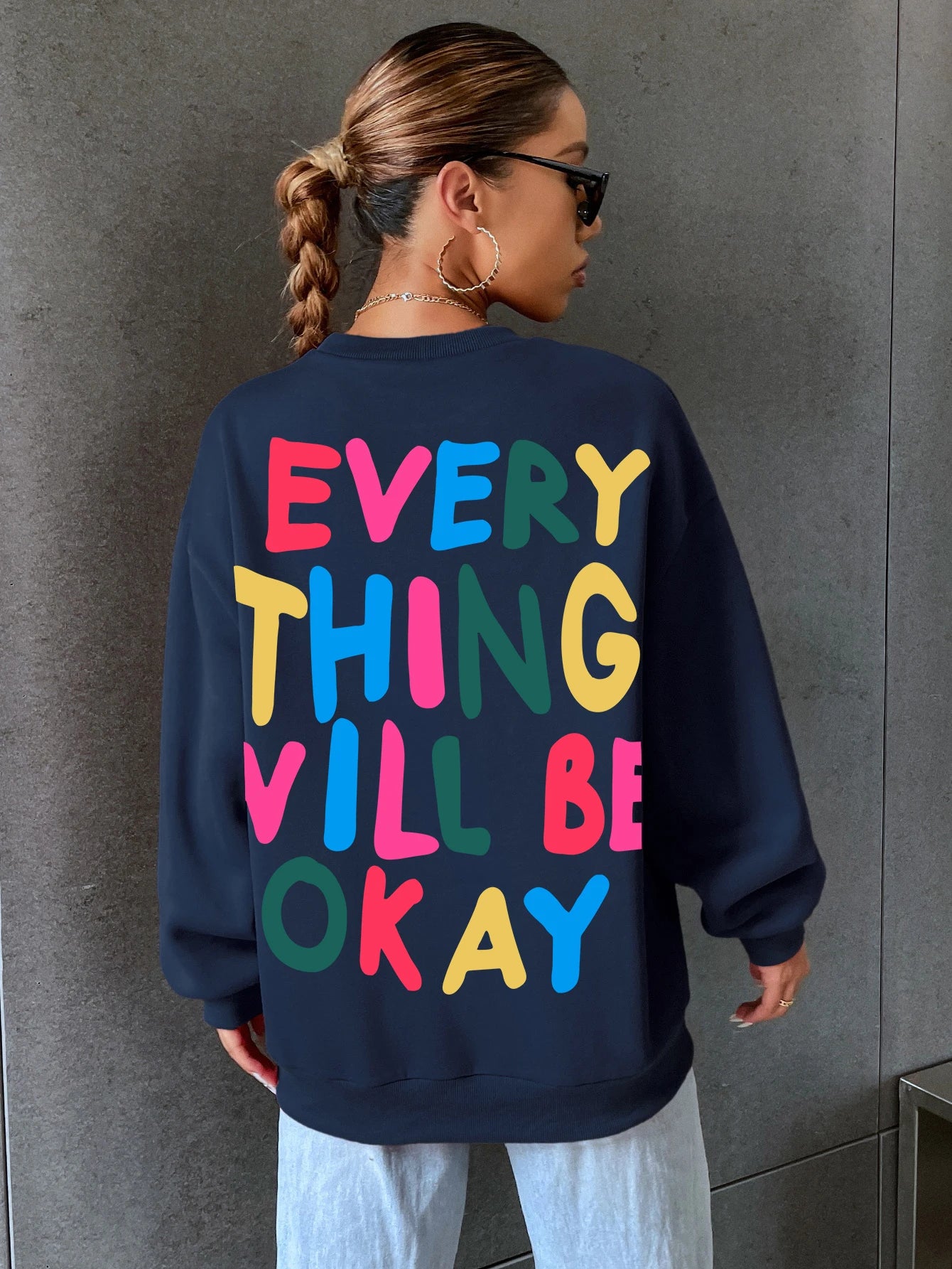 Fashion Womans Sweatshirt Everything Will Be Okay Letter Printed Pullover Loose Warm Crewneck Hoodies Casual Female Clothing