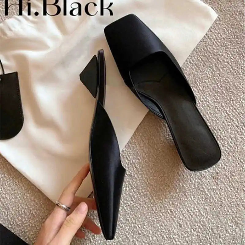 Luxury Satin Design Mules Shoes for Women Summer Sexy Square Head Strange Low Heel Slide Sandals Elegant Comfort Dress Slippers