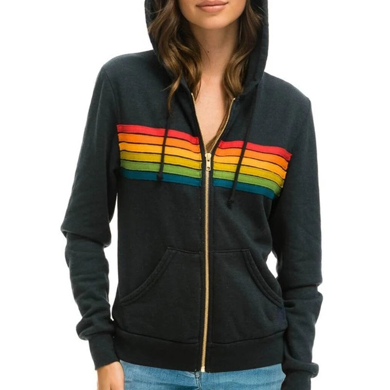 Donsignet Women Hoodies Coat New Casual Rainbow Hooded Sweatshirts Fashion Zip-up Striped Cardigan