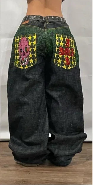 Y2K trendy retro classic pocket skull pattern straight denim trousers summer American Gothic washed wide-leg denim loose pants