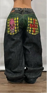 Y2K trendy retro classic pocket skull pattern straight denim trousers summer American Gothic washed wide-leg denim loose pants