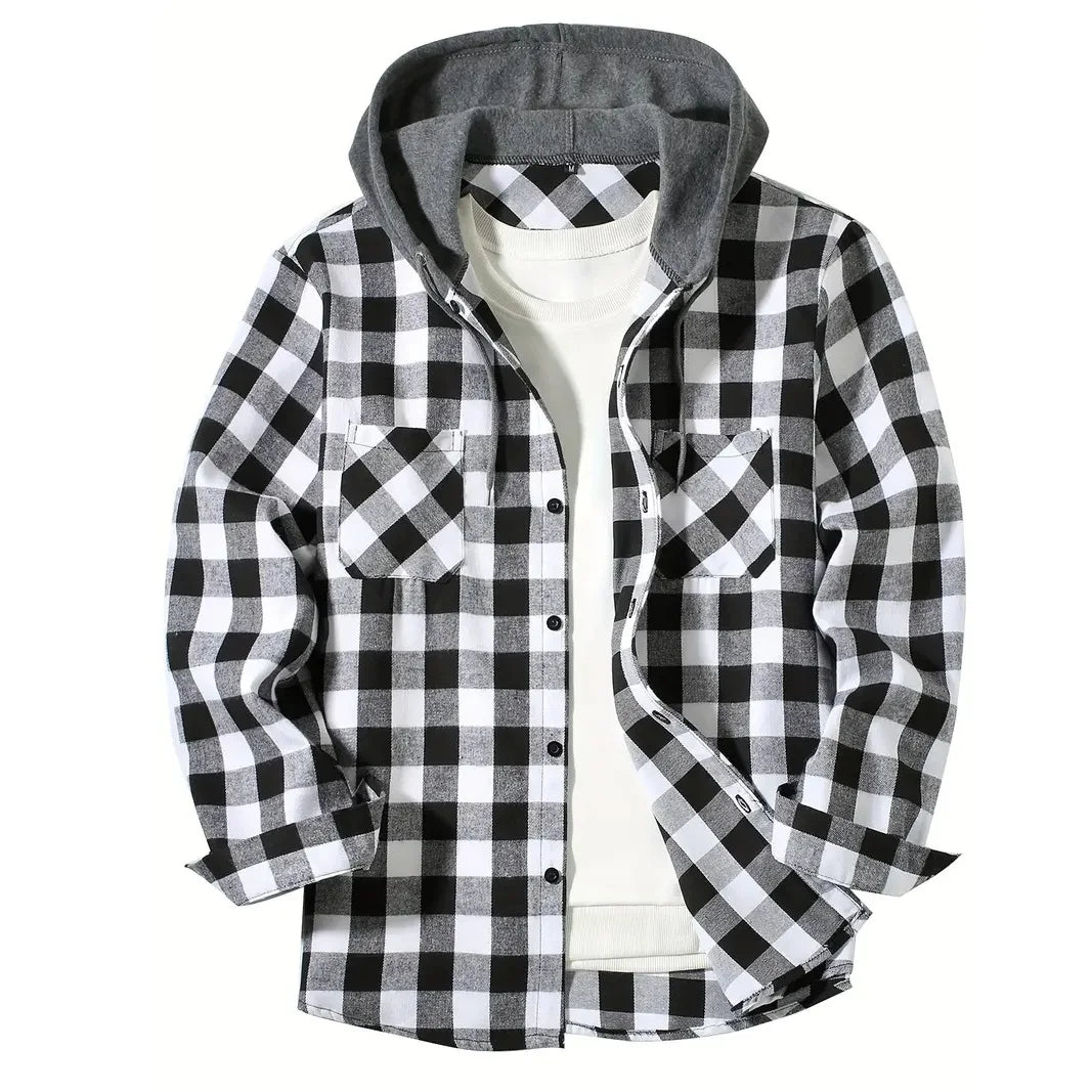 Men's Shirts Classic Plaid Casual Button Down Hooded Long Sleeved Double Pockets Shirt Hoodie Flannel Jacket Spring Autumn Tops