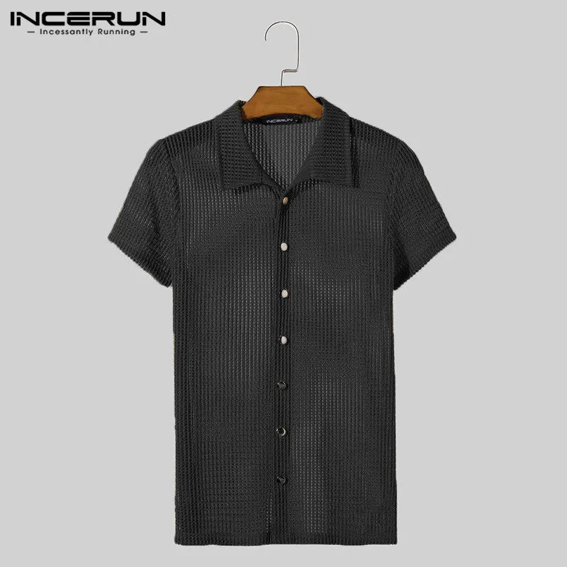 INCERUN Men Shirts Lapel Short Sleeve Mesh Transparent Hollow Out Men Clothing Streetwear Solid Color Fashion Camisas S-5XL