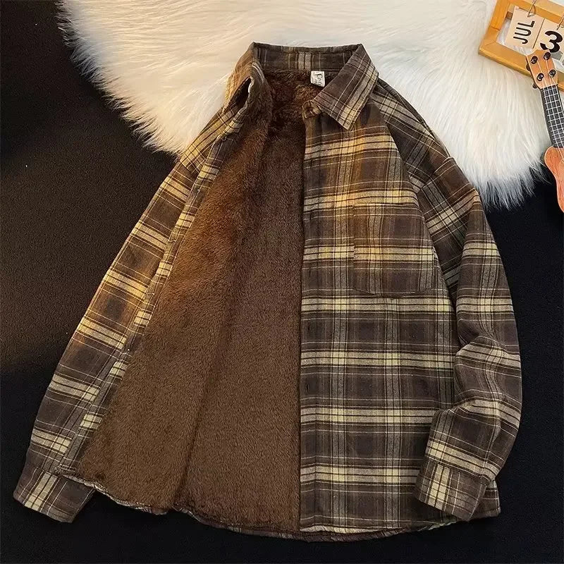 High-end Fleece-lined Plaid Shirt Men's Autumn/winter Casual Trendy Long Sleeve Thermal Shirt Innerwarm Brand