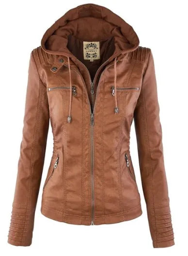 Faux Leather Jacket Women Khaki Winter Motorcycle Jacket Gothic Hoodies Outerwear Faux Leather PU Basic Jacket Coat