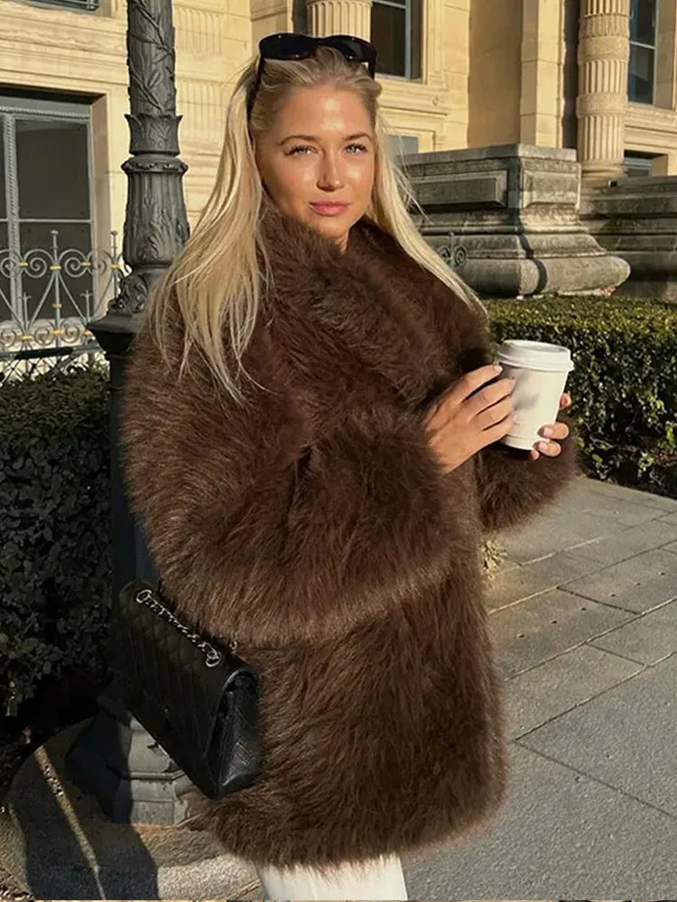 Winter Warm Fluffy Faux Fur Coat Women Vintage Casual Solid Open Fur Coats Female Elegant Chic Loose Street Brown Outwear