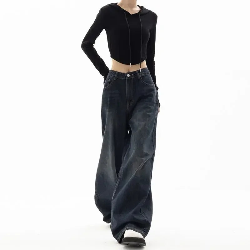 HOUZHOU Vintage Black Wide Leg Jeans Women Oversized High Street Korean Fashion Baggy Denim Trousers Grunge Y2k Female Hip Hop