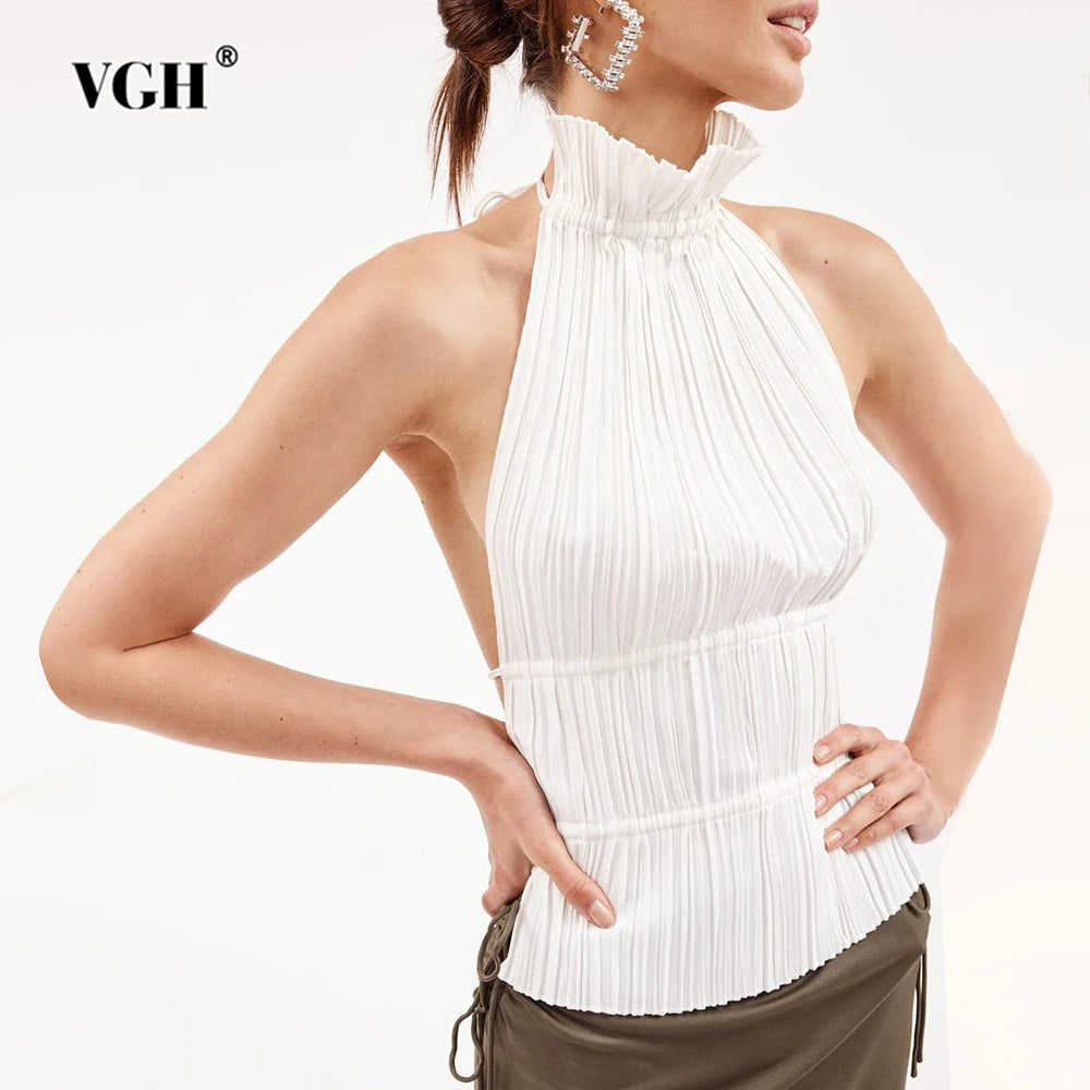 VGH Solid Patchwork Folds Sexy Tank Tops For Women Halter Sleeveless Backless Splice Lace Up Minimalist Vests Female Fashion New