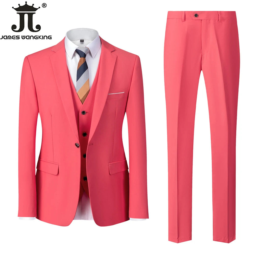 ( Jacket + Vest + Pants ) Boutique Solid Color Men's Official Business Suit Bride's Wedding Dress Party Male Suit