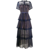 Spring/Summer New Women's Water soluble Lace Splicing Deep Blue A-line Layer Cake Slim Fit Long Dress