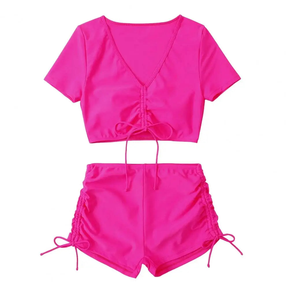 2Pcs/Set Swimsuit for Women Bikini Set V-Neck Short Sleeve Tops High Waist Drawstring Swimming Trunks Quick Drying Swimsuit