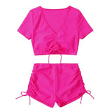 2Pcs/Set Swimsuit for Women Bikini Set V-Neck Short Sleeve Tops High Waist Drawstring Swimming Trunks Quick Drying Swimsuit