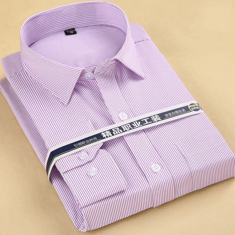 Men's Top Quality Dress Shirts Long Sleeve Slim Fit Solid Striped Business Formal White Shirt Male Social Clothing