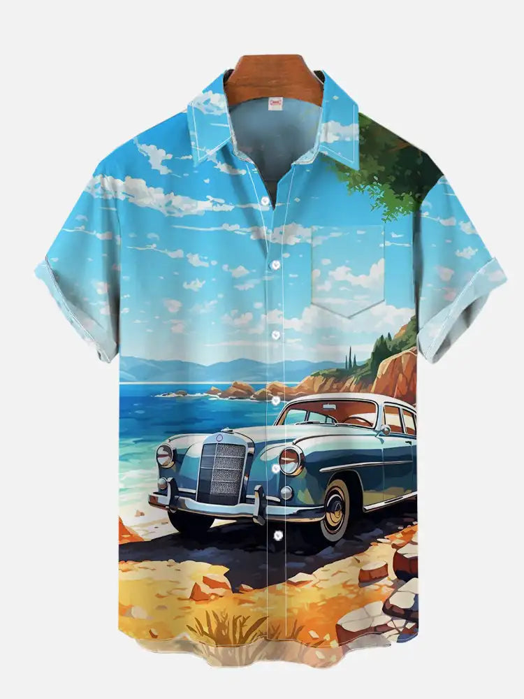 1970S-1980S Vintage Car Poster Hawaiian Beach Cowgirl Printing Short Sleeve Shirt Fashion Retro Hawaiian Shirt For Men Hrajuku