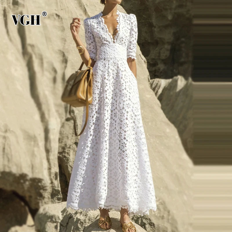 VGH Elegant White Maxi Dress For Women V Neck Half Sleeve High Waist Hollow Out Slim Dresses Women 2024 Autumn New Style Fashion