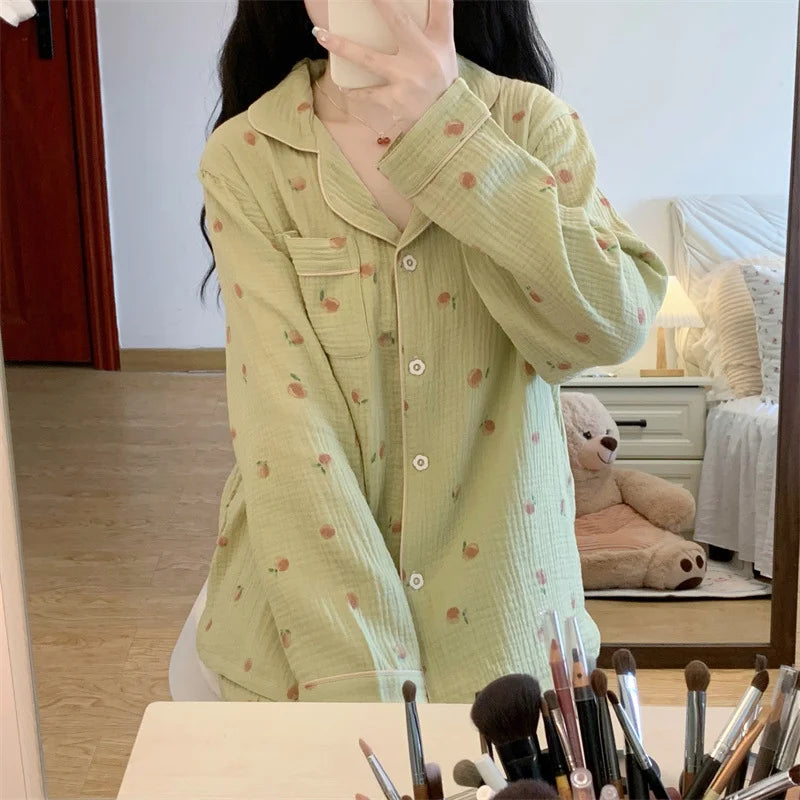 New Women Sweet Pyjamas Sets Ladies Long Sleeve Green Casual Sleepwear Pajamas Set Women Turn-down Neck and Button Homewear