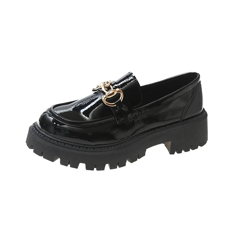 Female Shoes Women Fashion Mary Janes Round Toe Flats Loafers Oxfords Platform Casual Metal Chain Buckle Ladies Heels Black