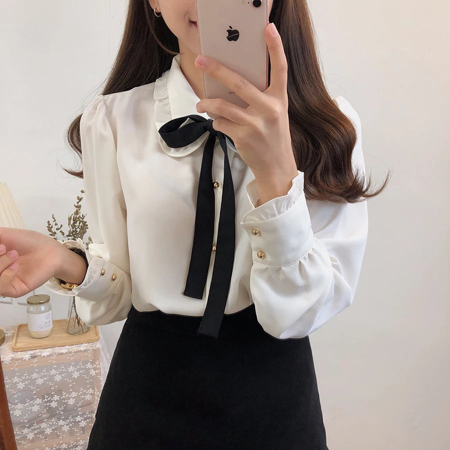 Hot Sales Women's Cute Sweet Girls Vintage Black White Lace-Up Ruffled Ribbon Tops Button Elegant Formal Shirts Blouses