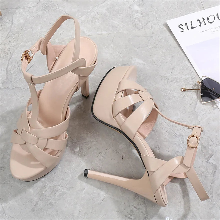 Summer Sexy Soft Leather Platform Sandals Women High Heels T-Buckle Party Pumps Black Stiletto Open Toe Ladies Dress Shoes