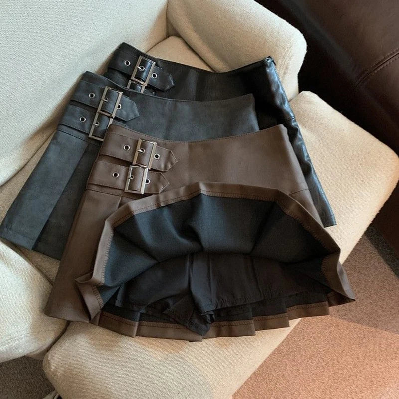 Leather Mini Skirts Women Streetwear High Waist Pleated Skirt Vintage Korean Black Slim Casual A Line Skirts