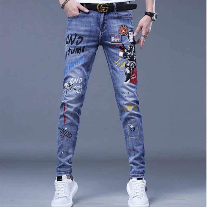 Black Jeans For Men Fashion High Street Slim Printing Denim Man Pants Autumn Stretchy Casual Biker High Quality Men's Clothing