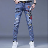 Black Jeans For Men Fashion High Street Slim Printing Denim Man Pants Autumn Stretchy Casual Biker High Quality Men's Clothing