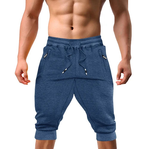 Casual Shorts 3/4 Jogger Capri Pants Men's Breathable Below Knee Outdoor Sports Gym Fitness Shorts with Zipper Pockets