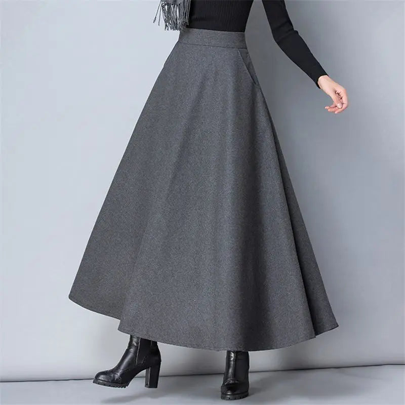 Winter Women Long Woolen Skirt Fashion High Waist Basic Wool Skirts Female Casual Thick Warm Elastic A-Line Maxi Skirts