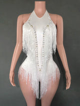 Sparkly Rhinestones Sequins Fringes Leotard Sexy Tassel Bodysuit One-piece Dance Costume Dancer Performance Show Stage Wear