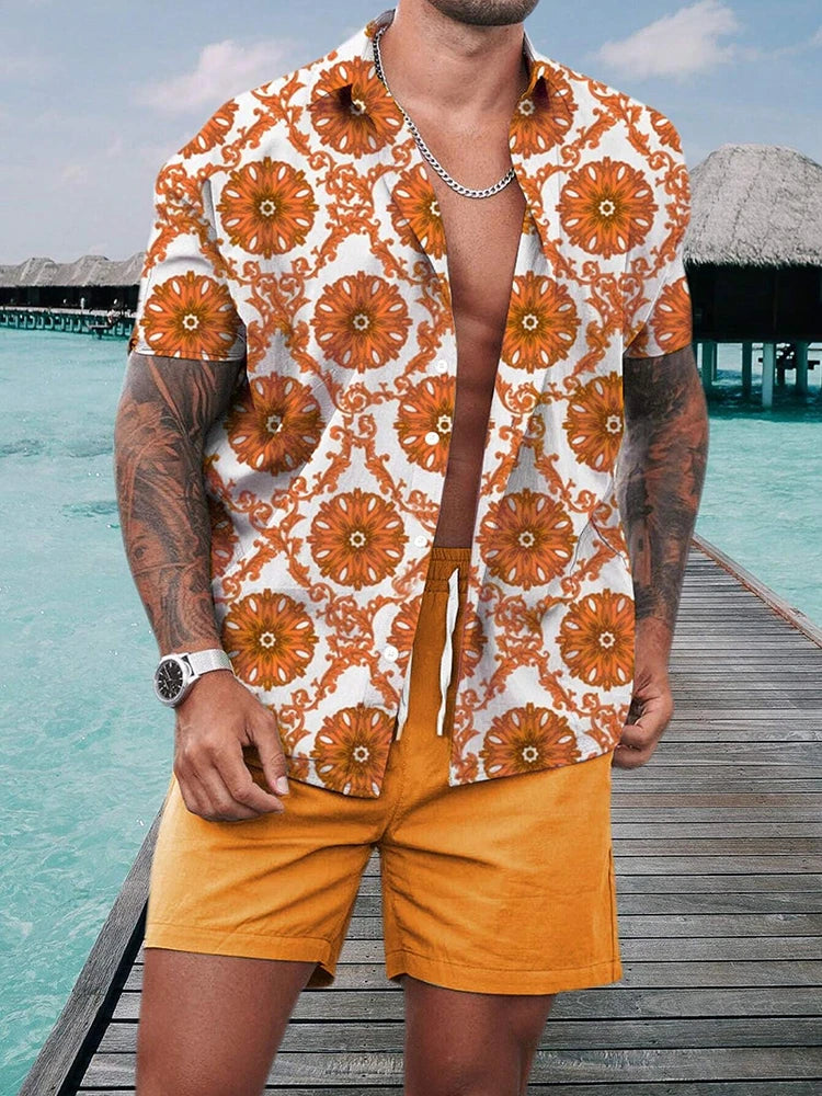 Men's Short-sleeved Shirt And Beach Shorts Set Hawaiian Vacation Men's Casual Shirt Summer Stylish And Comfortable Men's Shorts